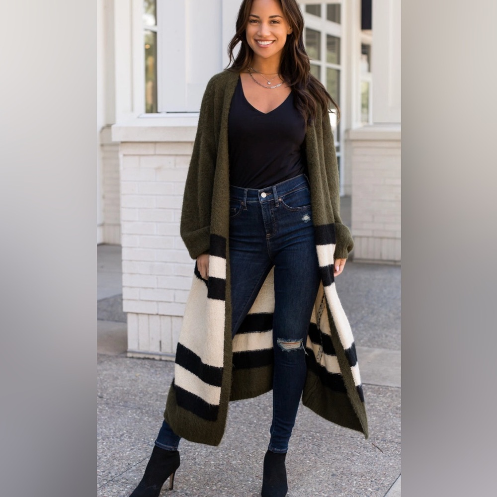 Panache Super soft Olive Green and Black Striped long Cardigan size Med